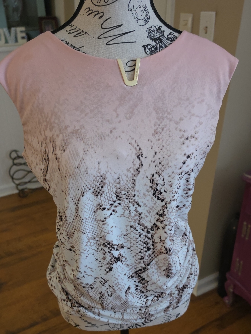 Calvin Klein Pink Snake-Print Sleeveless Blouse with Gold V-Notch